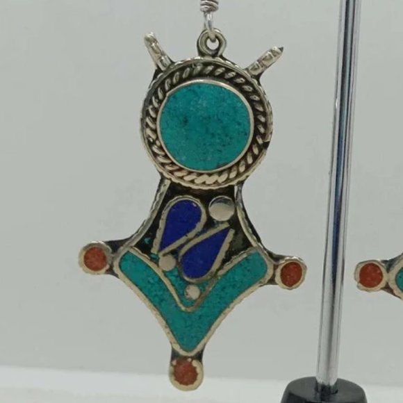 Turquoise Dangle Earrings, Nepalese Earrings, Turquoise Jewelry - Picture 2 of 6